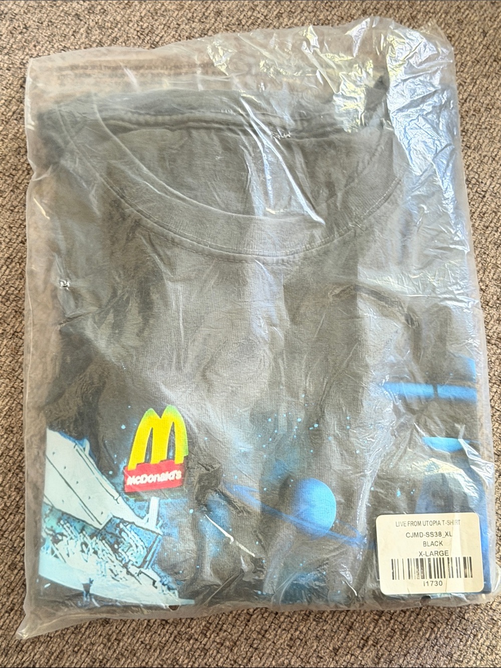 McDonald's travis Scott  utopiaBlack Tee with Yellow Logo and Blue Space Graphic